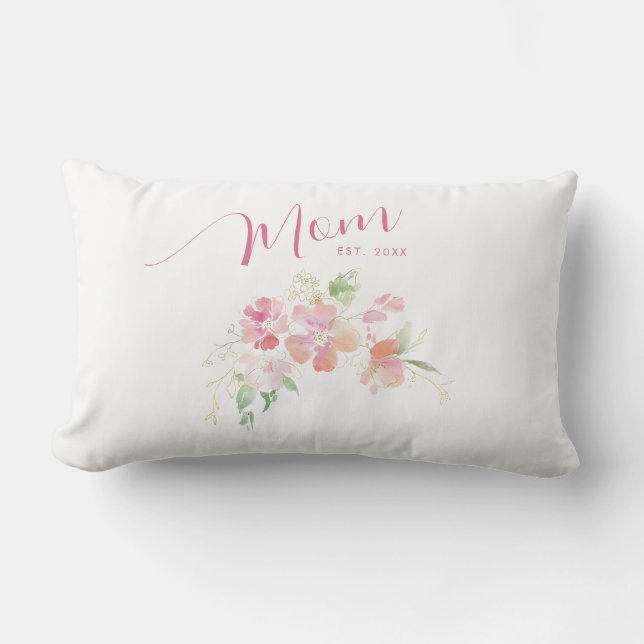 Coussin Rectangle Maman Etabli Rose Rose Aquarelle Florale Blanc (Recto)