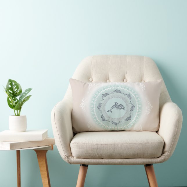 Coussin Rectangle Mandala dauphins bleu pâle taupe côtier (Chaise)