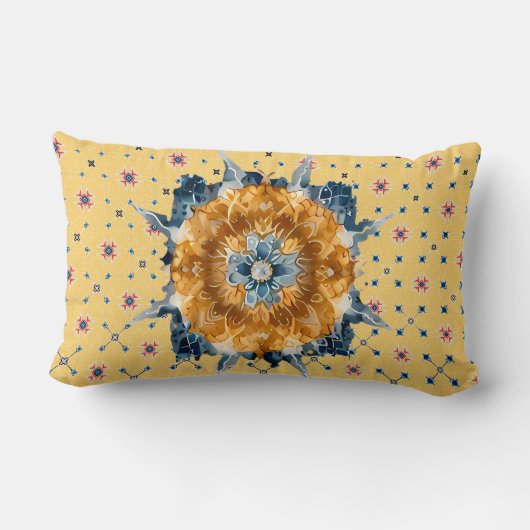 Coussin Rectangle Mandala, Fleur Bleue, Jaune (Verso)