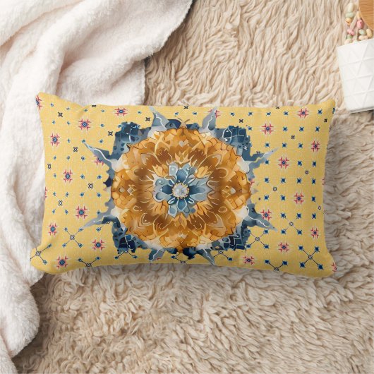 Coussin Rectangle Mandala, Fleur Bleue, Jaune (Couverture)