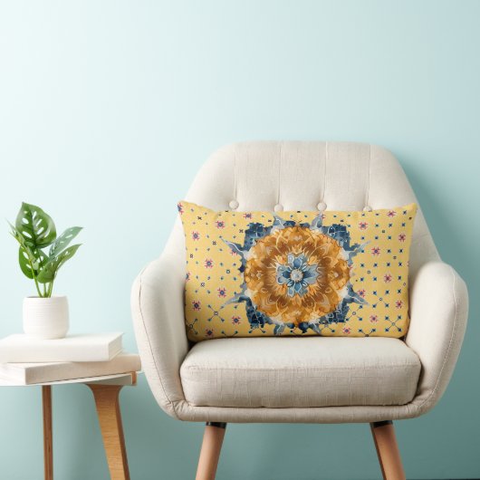 Coussin Rectangle Mandala, Fleur Bleue, Jaune (Chaise)
