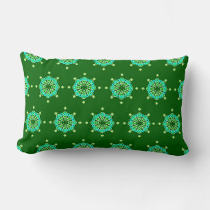 Coussin Rectangle Mandala huit points, vert jade foncé et aqua