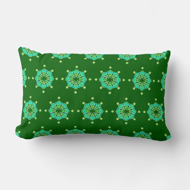Coussin Rectangle Mandala huit points, vert jade foncé et aqua (Recto)