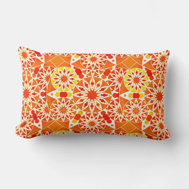 Coussin Rectangle Mandala motif, Coral Orange et Gold (Recto)