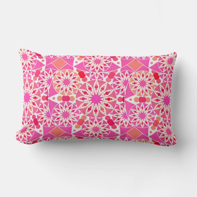 Coussin Rectangle Mandala motif, tons rose et corail (Recto)