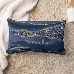 Coussin Rectangle Marbre Agate Paillet Or Bleu Monogramme Glam Bling