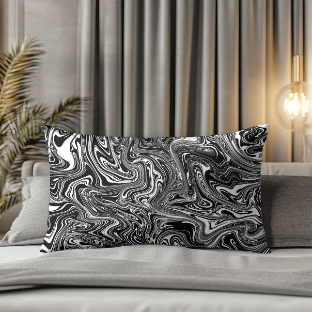 Coussin Rectangle Marbre Liquide Noir et Blanc Abstrait (Créateur téléchargé)