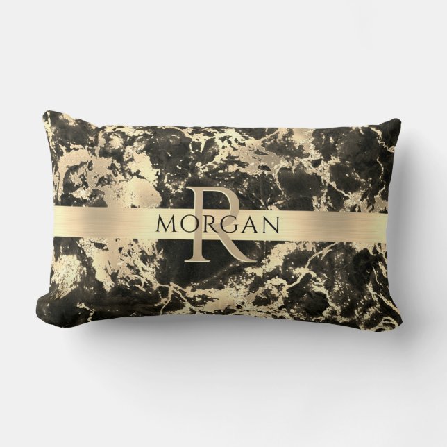 Coussin Rectangle Marbre Noir+Or, Bande Or, Nom+Monogramme, Vs3 (Recto)