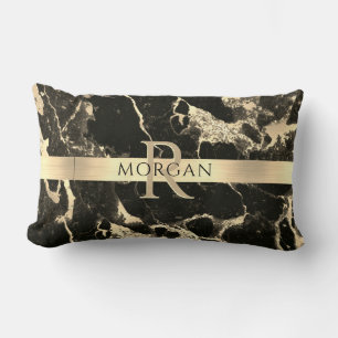 Coussin Rectangle Marbre Noir+Or, Rayure Or, Nom+Monogramme, Vs2