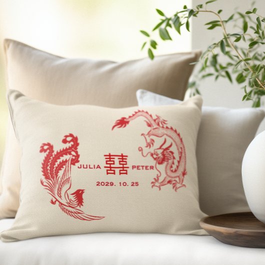 Coussin Rectangle Mariage Chinois Personnalisé Moderne Dragon-Phénix