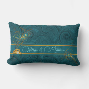 Coussin Rectangle Mariage fait sur commande de paon turquoise pour