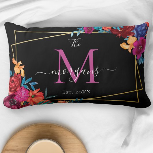 Coussin Rectangle Mariage Floral Moderne Monogramme Noir