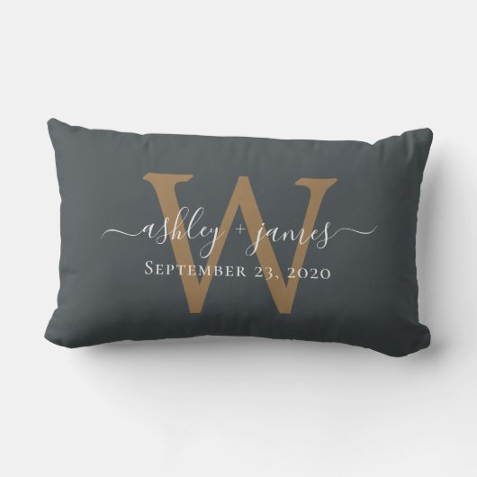 Coussin Rectangle Mariage Monogramme Or Date Hors Noir (Verso)