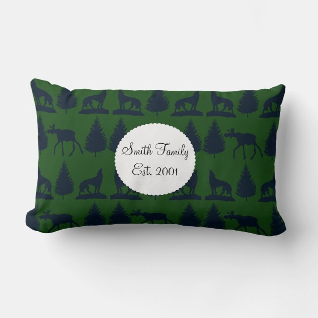 Coussin Rectangle Marine verte rustique d'orignaux de pins sauvages (Recto)