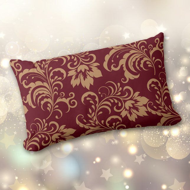 Coussin Rectangle Maroon Gold Floral Swirl (Créateur téléchargé)