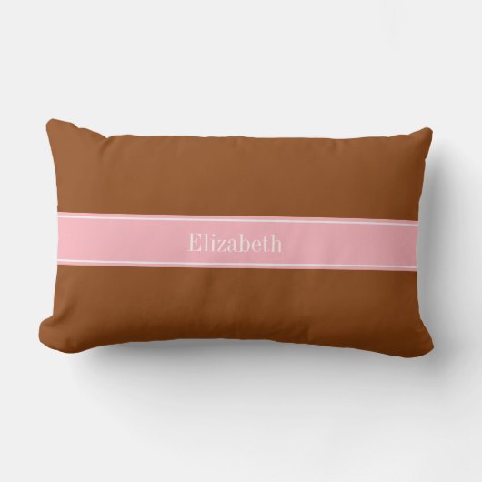 Coussin Rectangle Marron uni, Monogramme avec Ruban Rose (Recto)