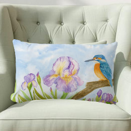 Coussin Rectangle Martin-pêcheur à l'aquarelle avec iris violets 