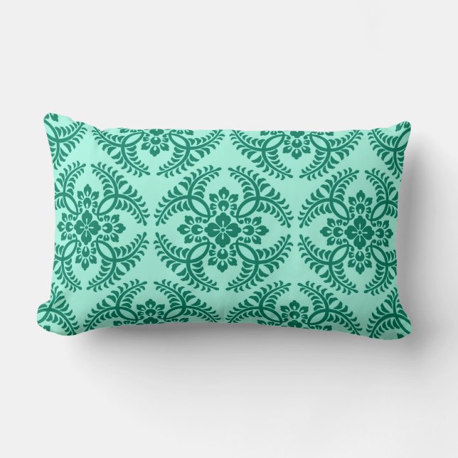 Coussin Rectangle Médaillon japonais Motif, Aqua et Turquoise (Recto)