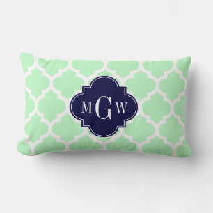 Coussin Rectangle Menthe, Blanc Marocain #5 Navy 3 Monogramme Initia