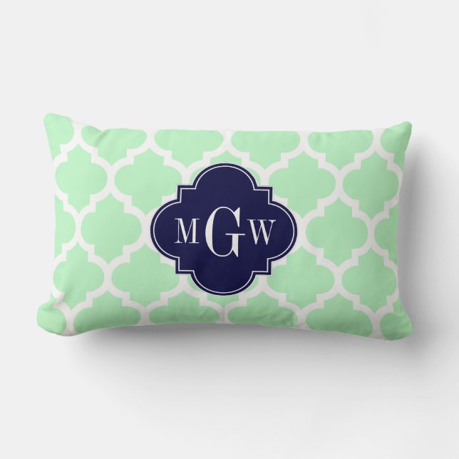 Coussin Rectangle Menthe, Blanc Marocain #5 Navy 3 Monogramme Initia (Recto)