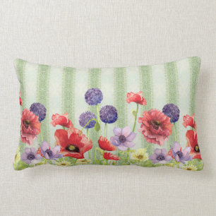Coussin Rectangle Menthe rouge d'art de rayure de fleur sauvage de
