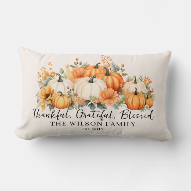 Coussin Rectangle Merci Grateful Blessed Automne Citrouille Nom de f (Recto)
