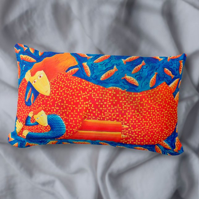 Coussin Rectangle Mère et fils avec peinture moderne à poissons roug (Créateur téléchargé)