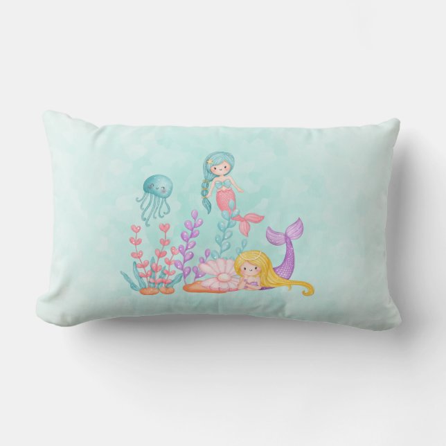 Coussin Rectangle Mermaids et méduses sous l'aquarelle de mer (Recto)