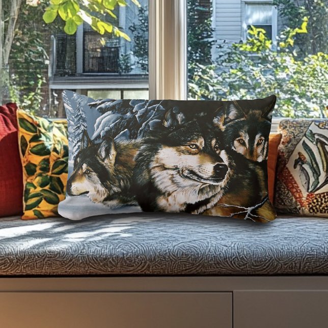 Coussin Rectangle Meute de loups majestueux Forêt enneigée en hiver  (Créateur téléchargé)