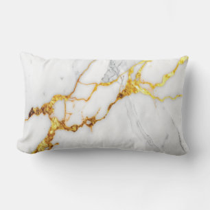 Coussin Rectangle Minimalist White Carrara Marble & GoldVeins Pillow