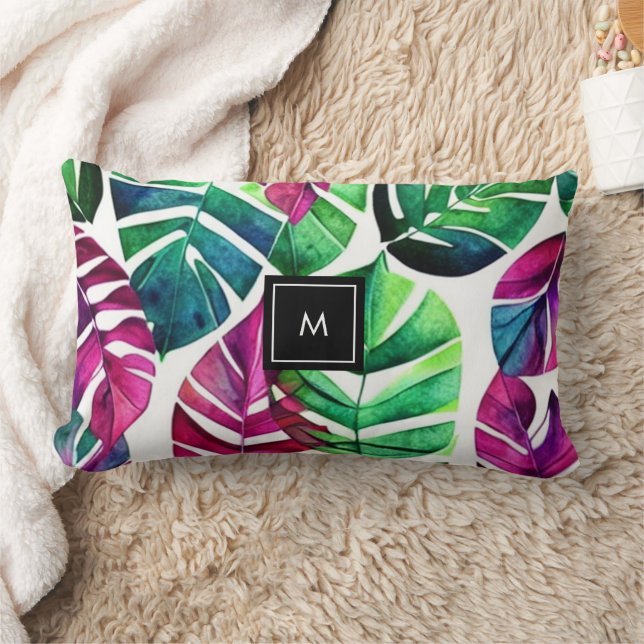 Coussin Rectangle Moderne aquarelle tropicale feuille monogrammé (Couverture)
