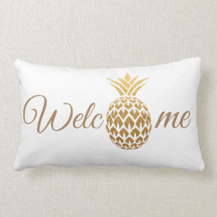 Coussin Rectangle Moderne élégant Or Ananas Blanc Bienvenue