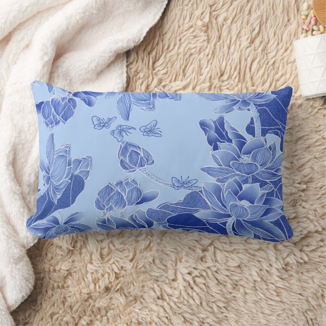 Coussin Rectangle Moderne Rétro Chinoiserie Bleu Lotus Mandala (Couverture)