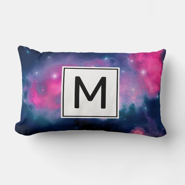 Coussin Rectangle Monogramme Abstrait Galaxie et Étoiles Rose et Ble (Recto)