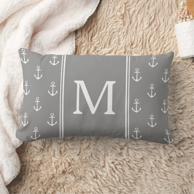 Coussin Rectangle Monogramme Ancres Gris et Blanc (Couverture)