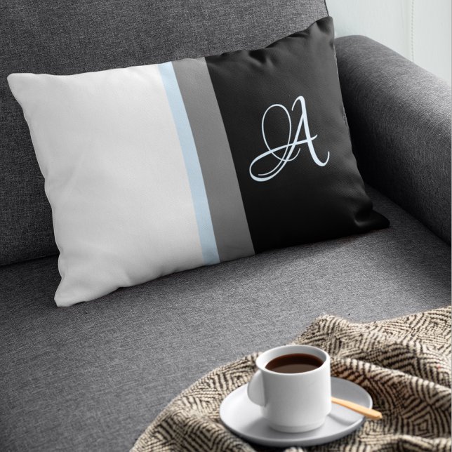 Coussin Rectangle Monogramme blanc, bleu, gris, noir rayé (Créateur téléchargé)