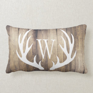 Coussin Rectangle Monogramme blanc en bois de ferme d'andouillers de