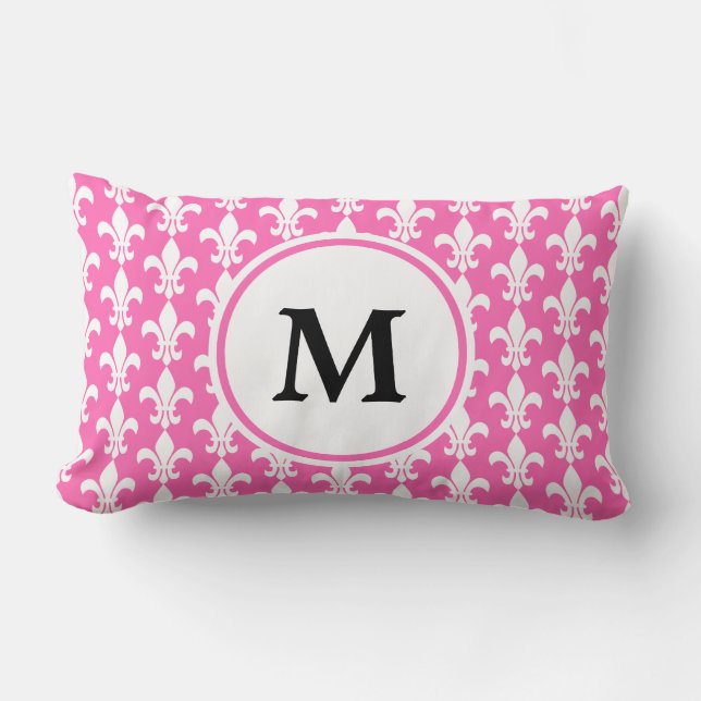 Coussin Rectangle Monogramme Blanc et rose chaud Fleur de Lis Motif (Recto)
