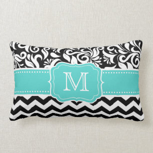 Coussin Rectangle Monogramme blanc noir vert turquoise de damassé d