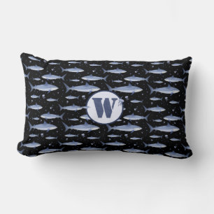 Coussin Rectangle Monogramme bleu marine Aquarelle requin + méduse