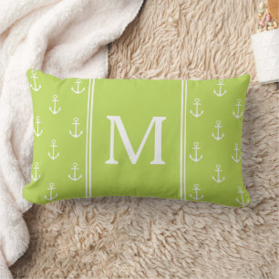 Coussin Rectangle Monogramme d'ancres vert feuille de palmier et bla