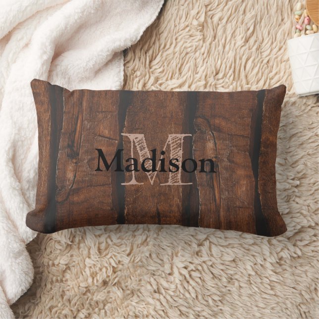 Coussin Rectangle Monogramme de bois ancien brun foncé rustique (Couverture)