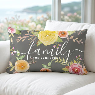 Coussin Rectangle Monogramme de famille floral jaune gris aquarelle 