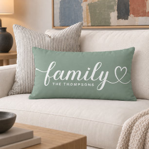 Coussin Rectangle Monogramme de la famille en écriture cœur vert sau