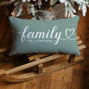 Coussin Rectangle Monogramme de la famille en écriture cœur vert sau