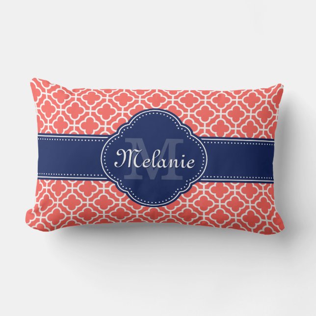Coussin Rectangle Monogramme de la marine Motif marocaine Coral and  (Recto)