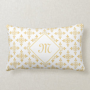 Coussin Rectangle Monogramme de luxe Blanc et or Quatre Floral