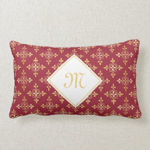 Coussin Rectangle Monogramme de luxe Rouge et Or Quatre Floral