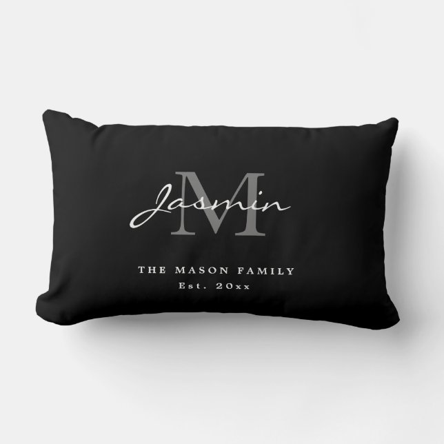 Coussin Rectangle Monogramme de nom de famille noir et blanc minimal (Recto)