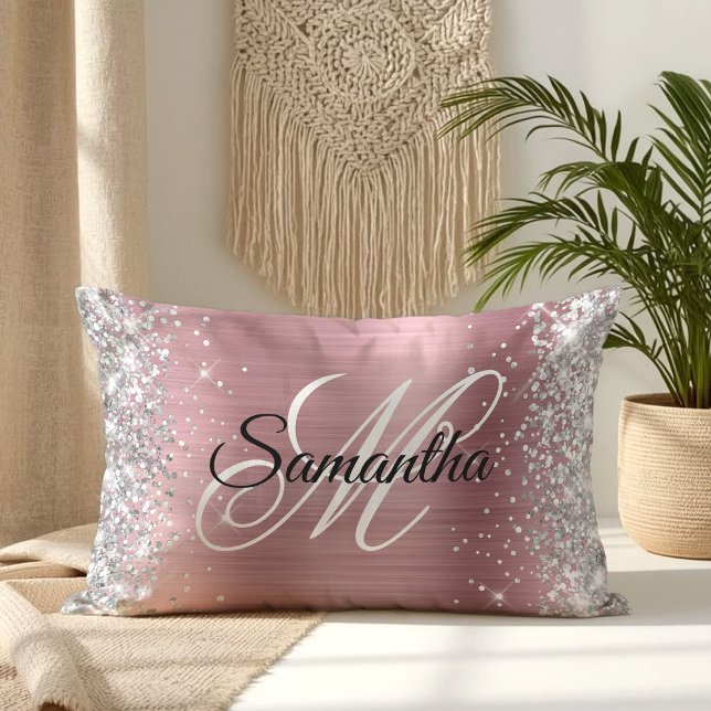 Coussin Rectangle Monogramme de papier d'aluminium rose brillant pai (Silver Glitter Shiny Pink Foil Monogram Lumbar Pillow)